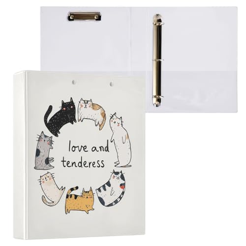 Fustylead Cheerful Cartoon Cats 3 Ring Binder, D-Rings 1.5" Hardcover Folder, Fits 200 Sheets of A4 Paper, Durable Clipboard & Clean View with Inside Pockets for School Home Office - size: 12.4x10.63x2.36 Inch-1 Pack