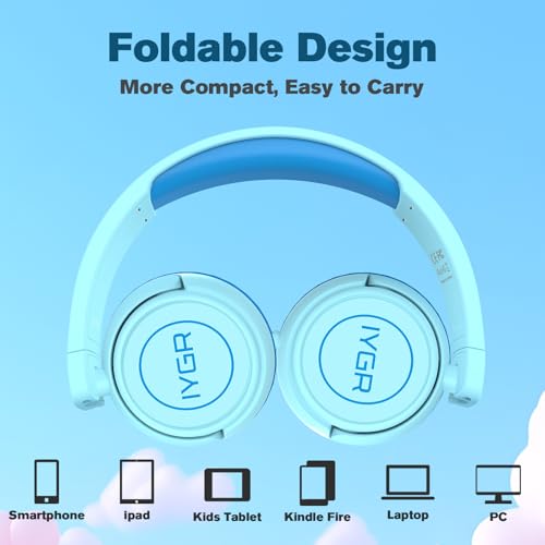 K6C Kids Headphones with USB-C, for Toddler & Kids Ages 2-12, 85dB Safe Volume Limited, Adjustable Headband & Foldable Wired, On-Ear Headphones for School, Travel, Tablet, iPad - color: Cyan