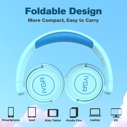 K6C Kids Headphones with USB-C, for Toddler & Kids Ages 2-12, 85dB Safe Volume Limited, Adjustable Headband & Foldable Wired, On-Ear Headphones for School, Travel, Tablet, iPad - color: Cyan