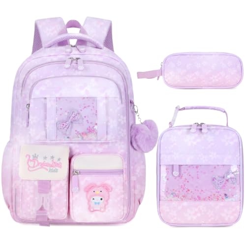 Jafeton Backpacks for Girls, Girls Backpack with Insulated Lunch Bag and Pencil Case for Kids Teens Elementary Middle High School Student, Cute Bow School Bag Travel Daypacks Book Bag Set - color: Purple Pink