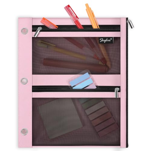 SKYDUE Pencil Pouch for Binder, Pencil Case, 3 Ring Binder Pencil Pouch with 3 Pockets and Mesh Window, Zipper Pencil Pouch, Durable Organizer for School Supplies, Cables, Earbuds, Makeup, Pink - color: Pink