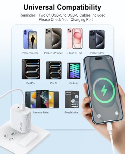 iPhone 17 16 15 Charger, 4 Pack 40W USB C Charger Dual Port Fast Charging Block (4-Pack 6 ft USB C to C Cable Cord Included) for iPhone 17 16 15 Pro Max/15Pro/15/15Plus,iPad | USB C Charger Fast Charging (4-Pack 6 ft USB C to C Cable Cord Included) for iP