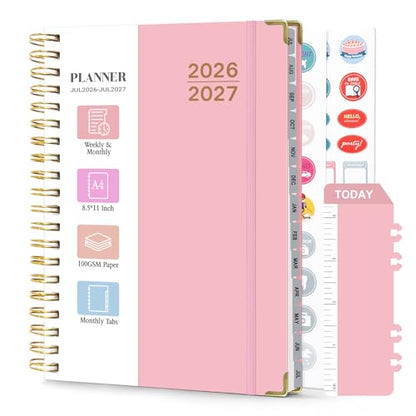 Planner 2026-2027, Weekly and Monthly Academic Planner, Jul 2026 - Jul 2027, 8.5"x11" Large Hardcover Daily Planner Calendar with Tabs for Women, Year Planning Agenda for Teacher and Student (Pink) - color: Pink