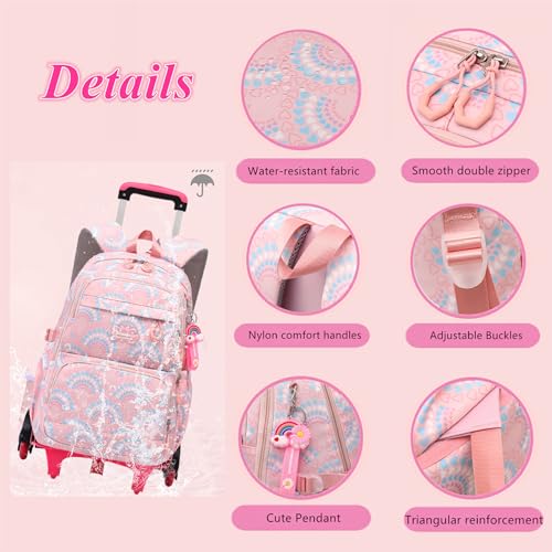 Mfikaryi Girls Rolling Backpack Elementary Student Outdoor Travel Trolley Bag Bookbag with Wheels - color: Blue-6 Wheels