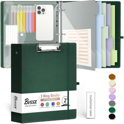 3 Ring Binder 2 Inch, BVSSX Three Ring Binders Organizer with Clipboard, Plastic Folder, 5-Tabs Pocket Dividers with Sticker Labels, Pen Loop, Elastic Strap (Green, Letter Size) - color: 03-green, size: 2in（Letter Size）