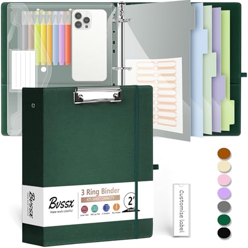 3 Ring Binder 2 Inch, BVSSX Three Ring Binders Organizer with Clipboard, Plastic Folder, 5-Tabs Pocket Dividers with Sticker Labels, Pen Loop, Elastic Strap (Green, Letter Size) - color: 03-green, size: 2in（Letter Size）