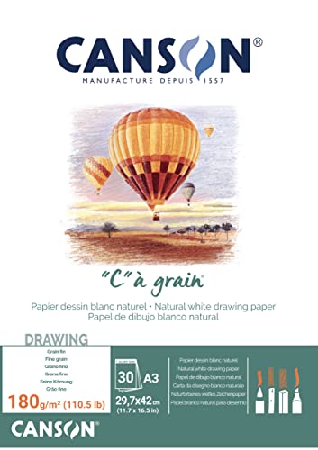 Canson "C à Grain A3 180g White Drawing & Sketching Paper Pad, 30 Sheets, Fine Grain Texture, Glued on Short Side, Ideal for Professional Artists - size: A3, style: 180gsm