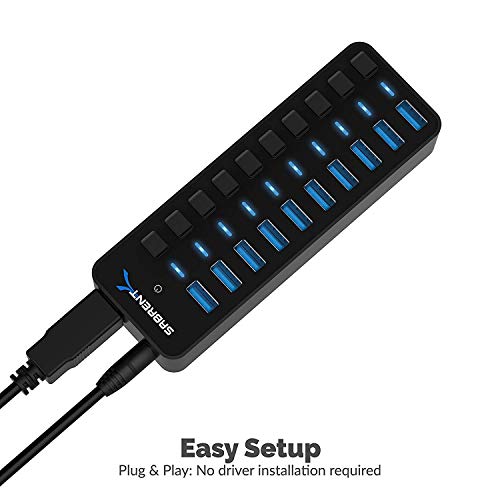 SABRENT 10-Port 60W USB 3.0 Hub with Individual Power Switches and LEDs, Includes 60W 12V/5A Power Adapter (HB-BU10) - size: 10-Port - 10 USB 3.0
