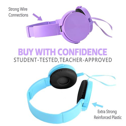 2 Pack Kids Headphones for School Classroom, Wired Computer Online Learning Headset for K-12 Students, Durable Soft Swivel On Ear Pads Earphones for Laptop PC Meetings Calls (Light blue+Purple) - size: Blue+Purple