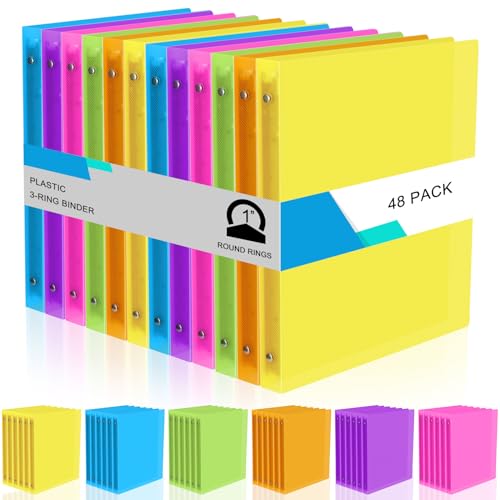 Fulmoon 48 Pack 3 Ring Plastic Binders 1 Inch Bulk with 2 Pockets, Flexible Binder Loose Leaf Hardcover, Fit 12" x 10" US Letter Size Paper, for School Office Home, 6 Colors (Bright) - color: Bright, size: 1 Inch