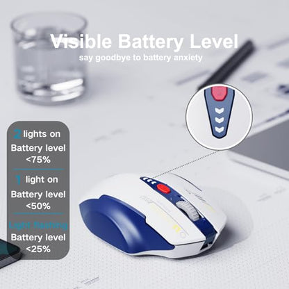 Uineer Wireless Mouse, [Upgraded] Visible Battery Display，Rechargeable Laptop Mice 2.4G USB, 4 Adjustable DPI Levels,Optical Ratón Wireless for Laptop PC Computer,White and Blue - color: BLUE and White