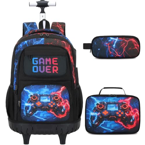 Scothen 3PCS Rolling Backpack for Boys, Cool Gamer Roller Backpack with Wheels, Kids Boy Wheeled Backpacks with Lunch Bag Pencil Case for Teens Bookbag Kindergarten Elementary Middle School - color: Red Blue Lighting