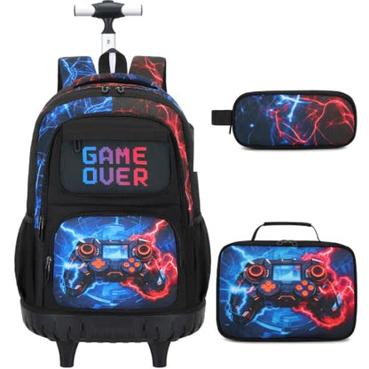 Scothen 3PCS Rolling Backpack for Boys, Cool Gamer Roller Backpack with Wheels, Kids Boy Wheeled Backpacks with Lunch Bag Pencil Case for Teens Bookbag Kindergarten Elementary Middle School - color: Red Blue Lighting