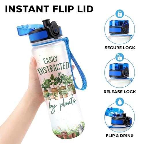Plant Lover Water Bottle 32oz with Motivational Time Marker Easily Distracted by Plants Gift for Women Gardening Houseplant Lover Birthday Mothers Day BPA Free Reusable - color: Garden