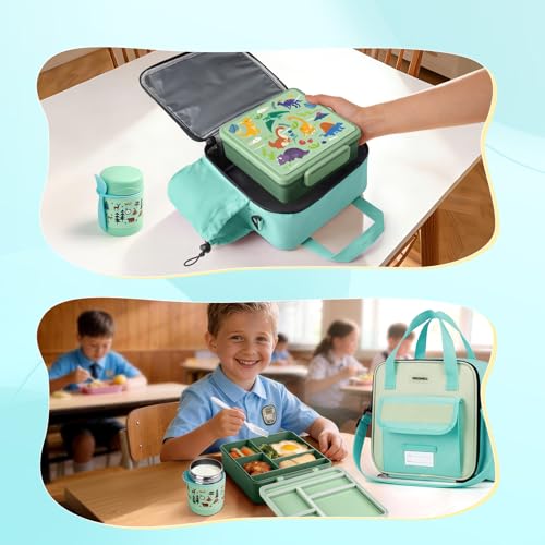 REDSHELL Bento Lunch Box for Kids Set, Leakproof Food Jar Pail with Insulated Bag, Toddler Snack Container Lunchbag for Girls Daycare, Back to School Lunchbox Kit, Includes Bottle Holder Strap, Green
