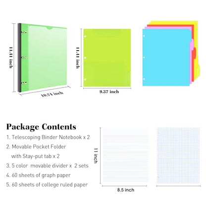 INFUN All-in-one Telescoping Binder Notebook - 2PCS，Refillable 3 Ring Notebook Binder with 1 plastic movable pocket folder,5 plastic subject dividers and graph paper and college ruled paper - Green - color: Green, size: 2 PCS