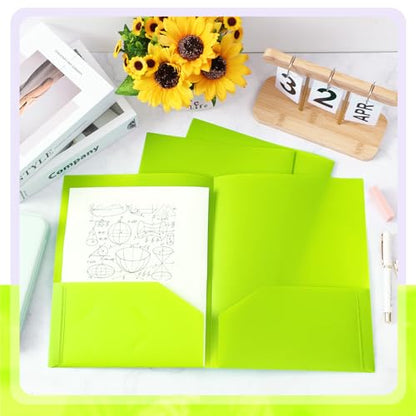 Gueevin 150pcs Plastic Folders with Pockets, Two Pocket Folder Fit 8.5 x 11 Inch Letter Size Paper, Heavy Duty School Folders Business Card Holder for Home Office School Bussiness (Bright Green) - color: Bright Green