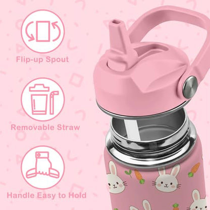 Hiboss Rabbit Water Bottle for Girls, 16oz Kids Water Bottle Stainless Steel Insulated with Straw Lid, Pink Rabbits Travel Cup Tumbler for Birthday Gift - color: Rabbit