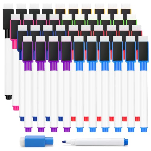 OWLKELA 40 Pcs Magnetic Dry Erase Markers with Eraser Cap, Fine Tip Whiteboard Markers with Eraser, Low Odor Dry Erase Marker Set for School Office Home, 8 Color - size: 40 PCS