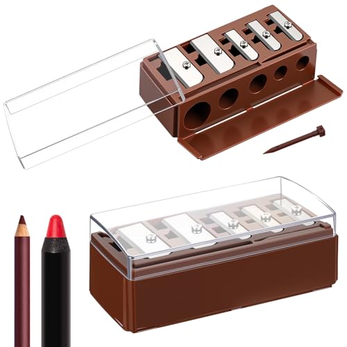 Honoson 2 Pcs 5 Hole Cosmetic Long Point Manual Pencil Sharpener with Plastic Lid Makeup Eyeliner Pencil Sharpener (Brown) - color: Brown