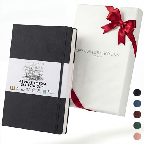 Beechmore Books A3 Mixed Media Sketchbook - 11.7x16.5 Extra Large Professional Studio Drawing Pad, 160 GSM / 98 lb Perforated Ivory Paper, Hardcover Lay-Flat Design, Gift Box for Artists & Watercolor - color: Charcoal Black, size: A3 - 11.7" x 16.5" Extra