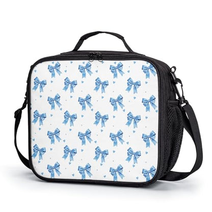 Bow Lunch Box for Girls Blue Bowknot Kids Insulated Lunch Bag Cute Bow Tie Toddler Cooler Lunchbox Reusable Lunch Pail School Thermal Meal Tote Kit with Shoulder Strap - color: Bow Blue