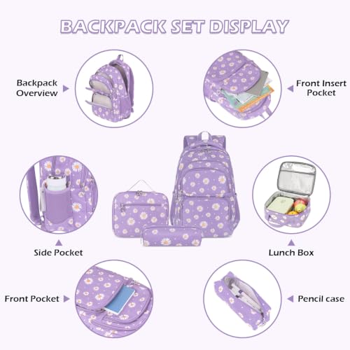 Glodwheat Daisy Printed Backpack For Girls- 3Pc Set With Lunch Box & Pencil Case, Lightweight Water-Resistant Bookbag For Elementary School - color: Purple