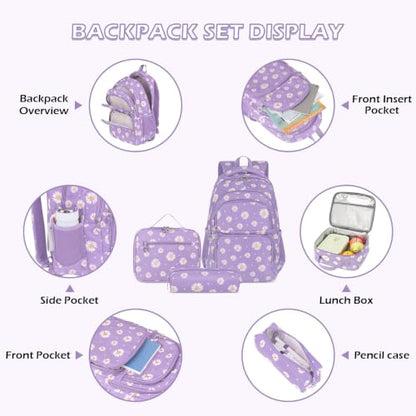 Glodwheat Daisy Printed Backpack For Girls- 3Pc Set With Lunch Box & Pencil Case, Lightweight Water-Resistant Bookbag For Elementary School - color: Purple