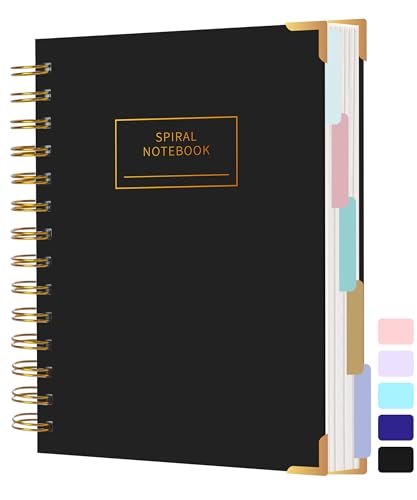 Hardcover Spiral Notebook with Tabs 6.1"x8.3" Small Spiral Lined Journals for Women Men with Dividers 200 Pages College Ruled Composition Notebook 5 Subject Notebook for Work School Gifts, Black - color: B-Black, size: 6.1"×8.3"(A5)