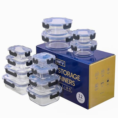 MFY 12-Pack Glass Storage Containers with Lids, Glass Meal Prep Containers Set, Airtight Lunch Containers with Lids, Microwave, Oven, Freezer and Dishwasher Safe, Gray