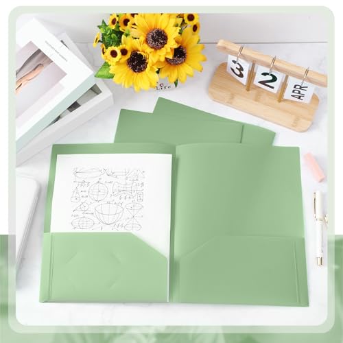 Gueevin 72 Pack Plastic Folder with Pockets, 2 Pocket Folders, Plastic Glossy Folders Fit Letter Size Paper, Heavy Duty Durable File Folder with Business Card for Home Office School (Sage Green) - color: Sage Green