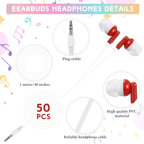 50 Pack Earbud Bulk Headphone for Classroom Earphone Earbud with Wire Individually Bagged Wired in Ear Buds(Red) - color: Red