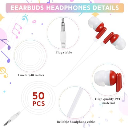 50 Pack Earbud Bulk Headphone for Classroom Earphone Earbud with Wire Individually Bagged Wired in Ear Buds(Red) - color: Red