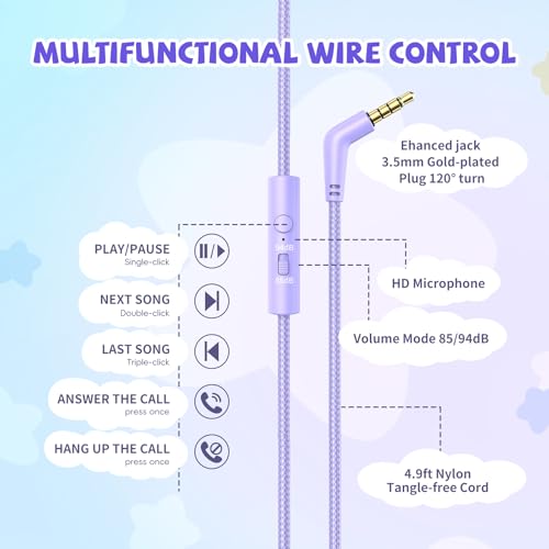 [Purple + Blue] Kids Headphones for School Travel, 85/94dB Volume Litmit, HD Mic Stereo Sound Wired Over-Ear Toddler Girls Boys Headphones for Kid, Foldable 3.5mm for Tablet