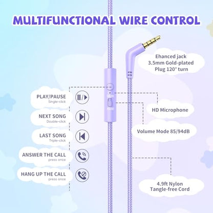 [Purple + Blue] Kids Headphones for School Travel, 85/94dB Volume Litmit, HD Mic Stereo Sound Wired Over-Ear Toddler Girls Boys Headphones for Kid, Foldable 3.5mm for Tablet