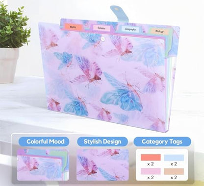 Folder Organizer Expanding File Folder Patternted - Accordion Document Organizer with 5 Pockets and Labels, Waterproof A4/Letter Size for School Office Home (Playful Butterflies) - style: Playful Butterflies