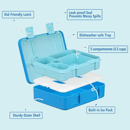 Kids Bento Lunch Box with Ice Pack, 5 Compartments Leak-Proof Bento Box with Utensils, 5.5-Cup Capacity for Adults & Ages 8+, BPA Free, Microwave & Dishwasher Safe, Blue - color: Blue