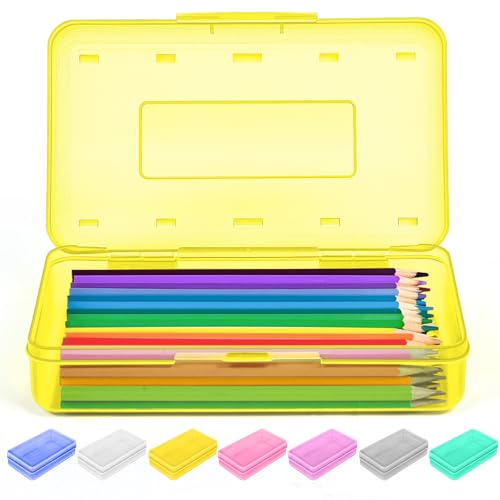 Sooez 1 Pack Clear Pencil Box, Plastic Hard Pencil Case with Stickers, Large Crayon Box with Snap-tight Lid, Stackable Storage Box Art Craft Marker Organizer Box for Kids Boys Back to School, Yellow - color: Yellow