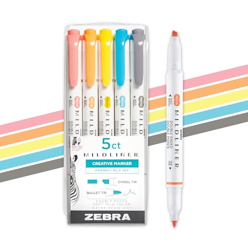 Zebra Pen Mildliner Dual-Tip Highlighter Set, Broad and Fine Tips, No Bleed, Ideal for Bible Highlighting, Journaling, Note-Taking and School Supplies, Assorted Friendly Ink Color, 5-Pack (78505) - color: Friendly A