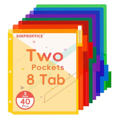 40 Pack 3 Ring Binder Dividers with Tabs and Pockets, 8 Tab Divider for 3 Ring Binder, Plastic 2-Pocket Dividers for Letter Size