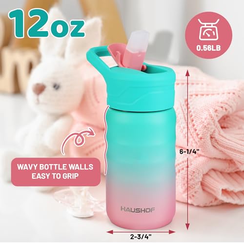HAUSHOF Kids Water Bottle 12 oz BPA-free with Straw and Stickers, Stainless Steel Vacuum Double Wall Insulated cup with Leak Proof for school, Gift, Girls (Green and Pink) - color: Green and Pink(1 Pack)
