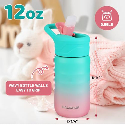 HAUSHOF Kids Water Bottle 12 oz BPA-free with Straw and Stickers, Stainless Steel Vacuum Double Wall Insulated cup with Leak Proof for school, Gift, Girls (Green and Pink) - color: Green and Pink(1 Pack)
