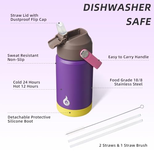 BJPKPK Insulated Water Bottle with Straw Lid, 12oz Thermo Water Bottles with Soft Nozzle, Flex Handle & Non-slip Boot, BPA Free Leak Proof Stainless Steel Metal Thermo, Tumblers, Cups,Violet - color: Violet, size: 12 Ounces