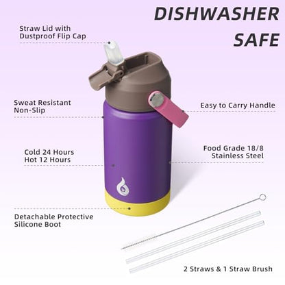 BJPKPK Insulated Water Bottle with Straw Lid, 12oz Thermo Water Bottles with Soft Nozzle, Flex Handle & Non-slip Boot, BPA Free Leak Proof Stainless Steel Metal Thermo, Tumblers, Cups,Violet - color: Violet, size: 12 Ounces