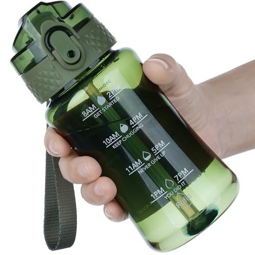 OLDLEY 12oz Kids Water Bottle, Tritan BPA-Free, Leakproof Flip Straw Lid, Motivational Time Marker, Carry Strap, Reusable Clear Water Bottle for Boys & Girls,Jade - color: Jade, style: 12 Ounces