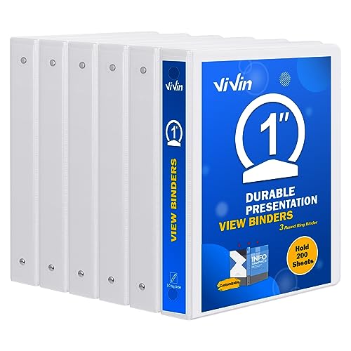 3 Ring Binder 1 Inch, ViVin Sturdy 1"-Round Ring Binder with 2 Interior Pockets, Clear View Cover, PVC-Free, Fits 200 Sheets of 8.5'' x 11'' Paper, Office Home School (6 Pack, White) - color: White, size: 1 Inch, style: 6 Pack