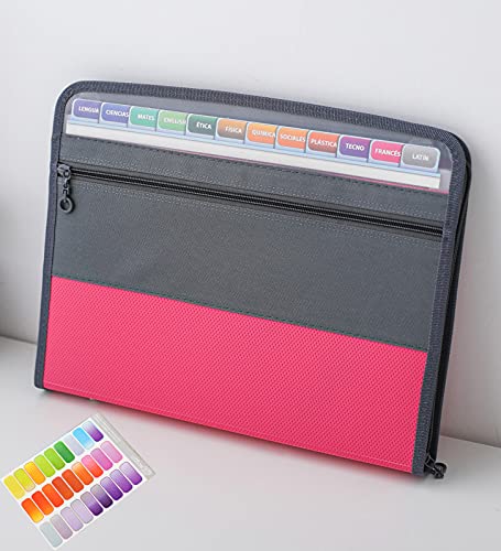 NAFY Expanding File Folder, 13 Pockets Document Organizer with Zipper, A4 Letter Size Portable Accordion Expanding File Folders with 27pcs Multicolor Labels for Home Office School Supplies (Pink) - color: Pink