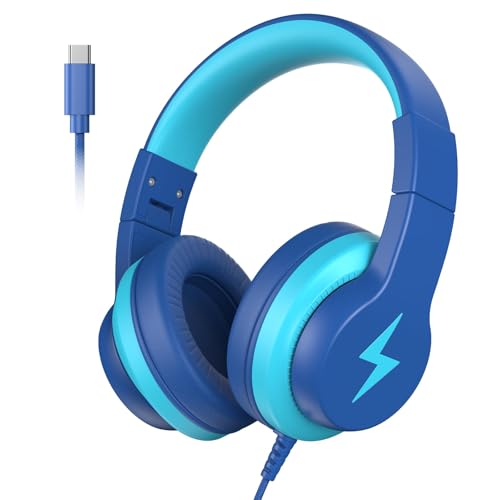 Candy Bila USB C Kids Headphones for School, 85dB Volume Limited, Wired Over-Ear Headphones for Kids, Adjustable Headband, Foldable Design for Travel, iPad, Tablet, Chromebook, Bule - color: Bule