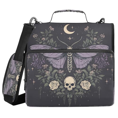 ALAZA Zipper Binder 3 Ring Purple Moth Skull Black Binder Organizer with Zipper and Shoulder Strap Large Capacity Multi-Pocket Trapper Keeper File Folder for Office Supplies - color: Multicolored 1