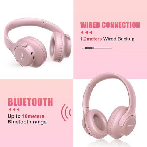KVIDIO Bluetooth Headphones Over Ear, 65 Hours Playtime Wireless Headphones with Microphone, Foldable Lightweight Headset with Bass and Stereo Sound Low Latency for Travel Work Cellphone - color: Pink